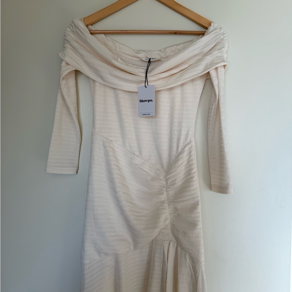 Showpo. Cream Off-Shoulder Ruched Midi Dress